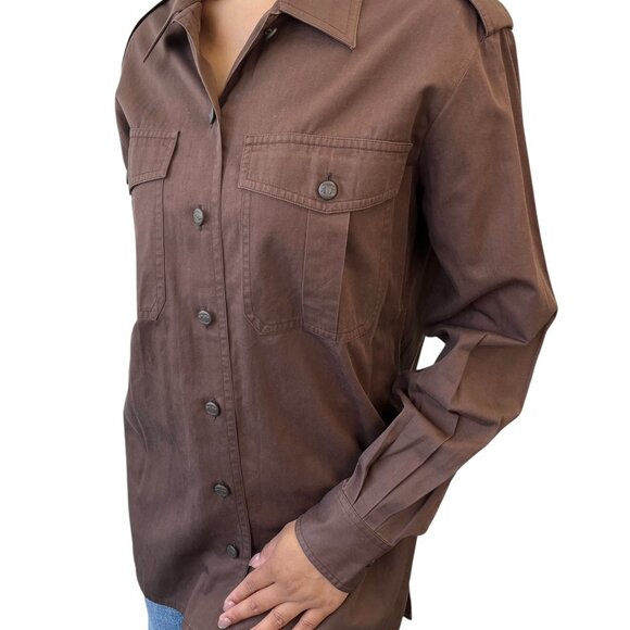 CHANEL Vintage CC Logo Button Up Military Long Sleeve Shirt Brown [106496] - Picture 2 of 12